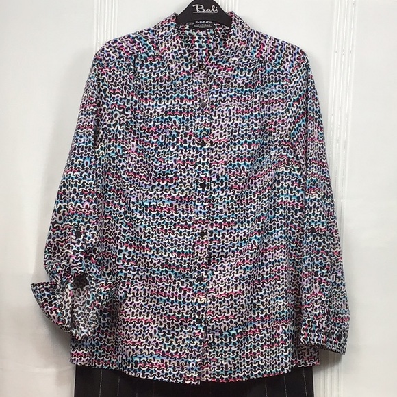 🎵 NOTATIONS Black Multi Abstract Print Long Sleeve Roll Tab Blouse - Picture 10 of 10